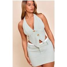 PrettyLittleThing Shape Halterneck Asym Hammered Button Waistcoat - Olive