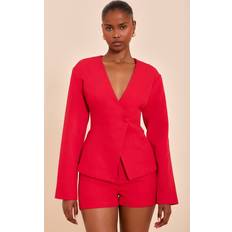 Red Blazers PrettyLittleThing Tomato Red Tailored Cinched Waist Asymmetric Blazer - Red