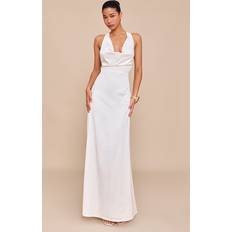 White satin dress PrettyLittleThing Cream Satin Cowl Neck Cross Back Maxi Dress - White