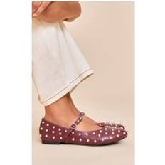 Ballerinas PrettyLittleThing Wine Leather Ballet Pump With Stud Detail - Red