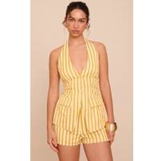PrettyLittleThing Lemon Pinstripe Halter Waistcoat Tailored Playsuit - Lemon