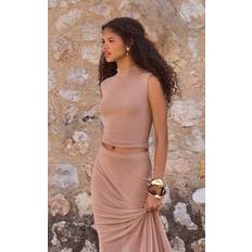 High Collar Tank Tops PrettyLittleThing Mesh High Neck Sleeveless Top - Brown