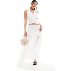 Bershka Shirred Frill Detail Maxi Skirt - Ecru