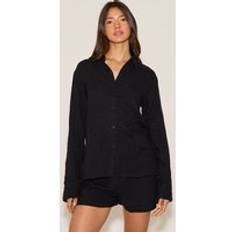 Unisex Pyjamas PrettyLittleThing Cheesecloth Long Sleeve Short Pj Set - Black