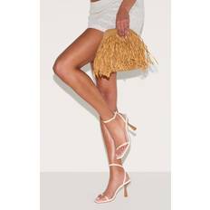 PrettyLittleThing Cream Pu Square Toe Gold Trim Mid Stiletto Heeled Sandals - White