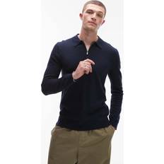 Topman Pikétröjor Topman Essential Pikétröja I Ylle Med Dragkedja - Marinblå