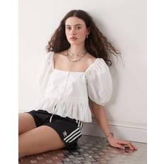 Monki Puff Sleeve Milkmaid Peplum Blouse - White