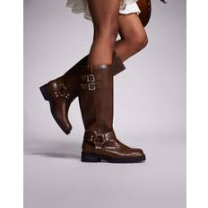 Slip-On High Boots Public Desire Sirus Flat Harness Knee Boots - Tan-Brown