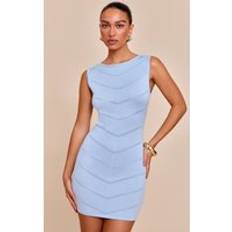 PrettyLittleThing Soft Knit Pointelle Detail Boat Neck Mini Dress - Blue