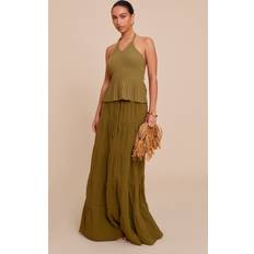 PrettyLittleThing Olive Cotton Tiered Drawstring Waist Maxi Skirt - Green