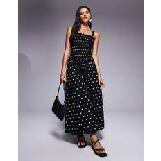 Black - Midi Dresses River Island Polka Dot Shirred Midi Dress - Black