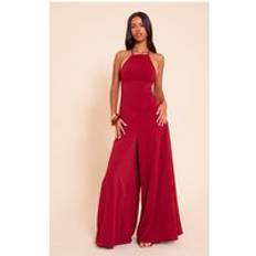 PrettyLittleThing Petite Deep Red Floaty Woven Backless Extreme Wide Leg Jumpsuit