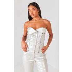 M Corsets PrettyLittleThing Silver Metallic Faux Leather Zip Up Biker Detail Corset - Grey