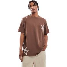 Blommiga T-shirts Threadbare Brun T-Shirt Bomull Korta Ärmar Blombroderi