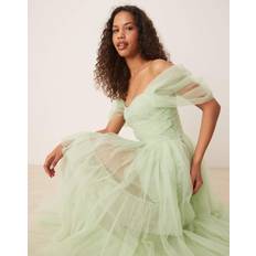 Off Shoulder High Low Tulle Maxi Dress - Sage - Green