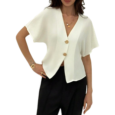 Stretch - Women Shirts Shein Aloruh Elegant Bat Wing Sleeve Double-Breasted Open Front Solid Color Simple White Shirt
