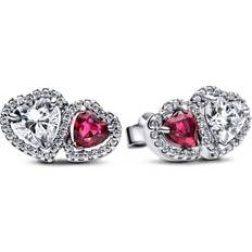 Red - Women Earrings Pandora Halo Hearts Stud Earrings - Sterling Silver/Mixed Stone/Red