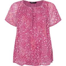 Pink Blouses Yours Geometric Floral Tie Neck Pintuck Blouse - Pink