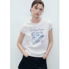 Mango Överdelar Mango Printed Cottonblend T-shirt Dam Kortärmade T-shirts - Medium Blue