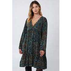 Women - Yoga Dresses Blue Vanilla Womens Animal Print Tiered Long Sleeve Dress - Khaki Viscose