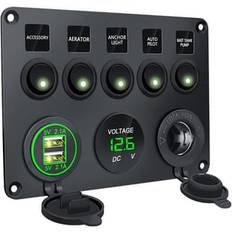 Strømafbryderpanel 5 Kontakter Voltmeter 2 USB Strømudtag Grøn