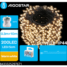Aigostar 10m Batteri Varm Vit LED 200 LED 8 Ljuslägen Mörkgrön Sladd Ljusslinga