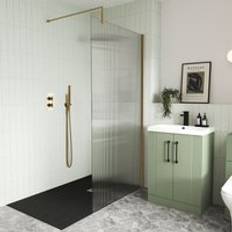 Shower Wall Hudson Reed Fluted Brushed Brass Profile Wet Room Screen 800mm Wide 8mm Glass