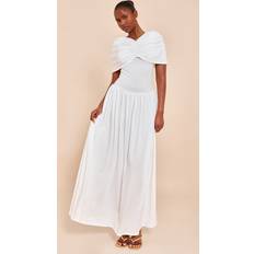 PrettyLittleThing Bardot Extreme Fold Over Ruched Detail Maxi Dress - White