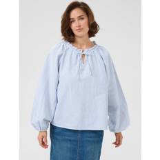 Stripes - Women Blouses Kaffe Nelly Stripe Cotton Tie Neck Blouse - Mid Blue