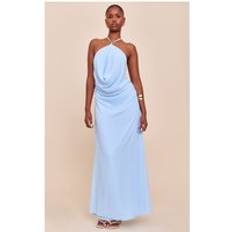 PrettyLittleThing Chiffon Halterneck Maxi Dress - Light Blue