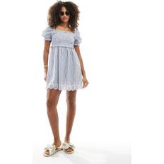 New Look Women's Plus Size Blue Striped Embroidered Puff Sleeve Mini Dress Curves - Blue