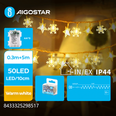 Aigostar Lamper Aigostar 5m Varm Hvid Batteri Stjerne Snefnug 50 LED 10cm Lyskæde