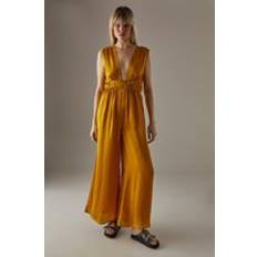 Satin Jumpsuits & Overalls Warehouse Crinkle Satin Plunge Neck Tie Detail Jumpsuit - Yellow