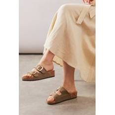 Wedge Sandals Good For The Sole Margaret Faux Leather Double Buckle Wedge Footbed Sandals - Khaki