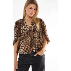 Women Blouses Brown Animal Print V Neck Peplum Blouse - Brown