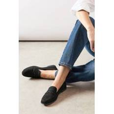 Synthetic - Women Loafers Wallis Faux Suede Square Toe Flat Penny Loafers - Natural Black