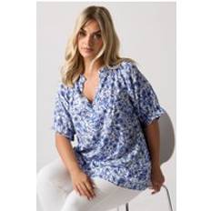 Puff Sleeve Blouses Yours Curve Cobalt Blue Floral Frill Notch Neck Blouse - Blue