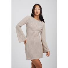 Womens Long Sleeve Knitted Mesh Mini Dress - Taupe