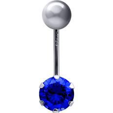 Jewelco London 9ct White Gold 6mm CZ Solitaire Banana Belly Bar Piercing 10mm - Dark Blue