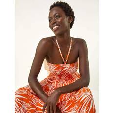 Roman Leaf Print Shirred Bandeau Midi Dress - Orange
