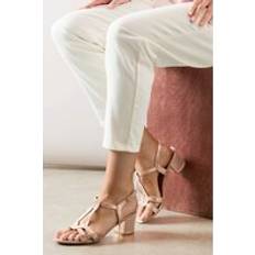 Barbara Metallic Textile T-Bar Medium Block Heeled Sandals - Metallic Blush