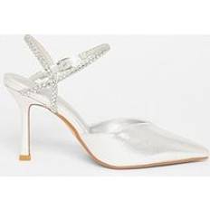 Quiz Silver Diamante Strap Court Heels - Grey