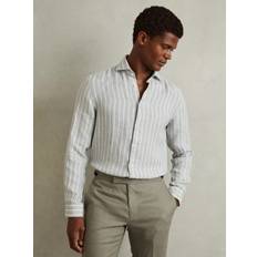 Green - Linen Shirts Reiss Ruban Striped Linen Shirt - Sage/White