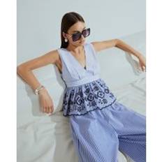 Women Tank Tops River Island Womens Sleeveless Embroidered Top - Blue Stripe