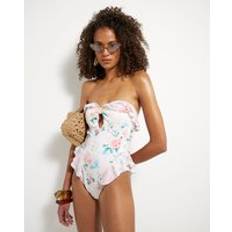 River Island Cream Floral Frill Bandeau Swimsuit - Womens