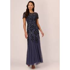 Hand Beaded Short Sleeve Floral Godet Gown - Smoky Peri
