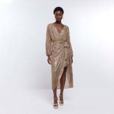 River Island Womens Gold Sequin Long Sleeve Wrap Dress - Gold