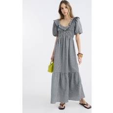 River Island Gingham V Neck Frill Midi Dress - Black