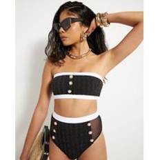 Women Bikini Tops River Island Metallic Textured Bandeau Bikini Top - Black