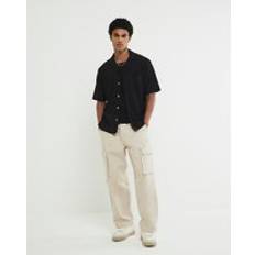 Men Tops River Island Mens Black Regular Fit Grid Textured Revere Shirt - XL